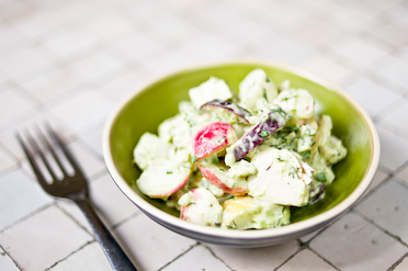 Chicken and radish salad with avocado green goddess dressing