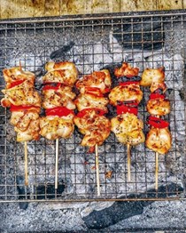 Chicken and Ramiro pepper skewers with chimichurri rojo