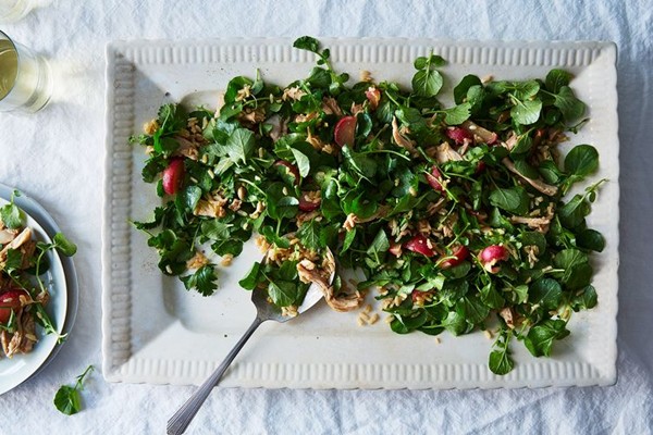 Chicken and rice salad with poached radishes and nuoc cham