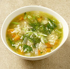 Chicken and rice soup with spinach, lemon, and dill