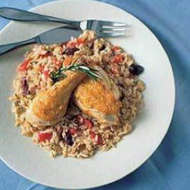 Chicken and rice with tomatoes, white wine, and parsley