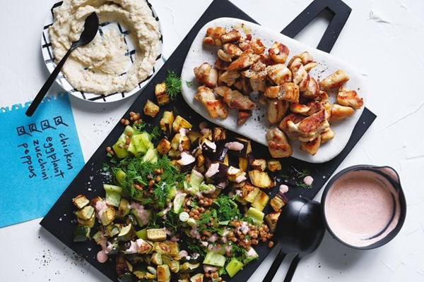 Chicken and roasted veg with harissa sumac yoghurt