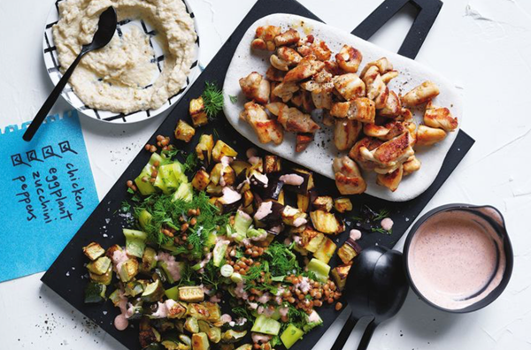 Chicken and roasted veg with harissa sumac yoghurt