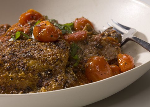 Chicken and sausage cacciatore with grape tomatoes