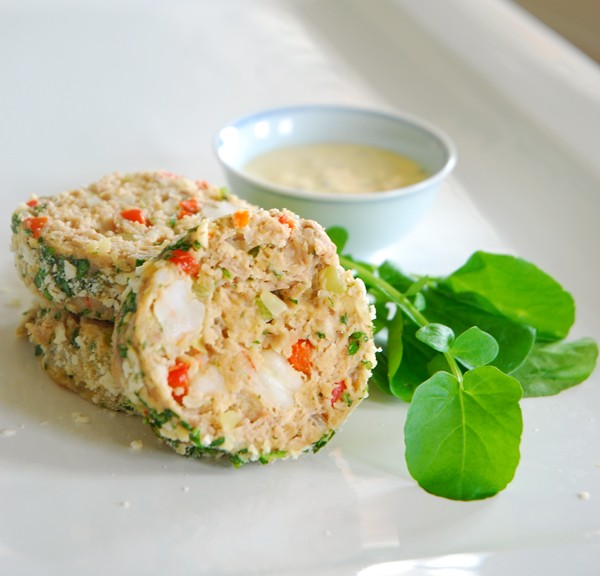 Chicken and shrimp meatloaf with whole grain mustard dipping sauce