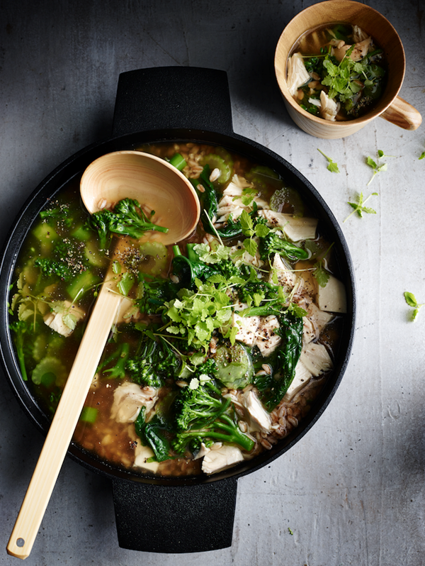 Chicken and spelt soup with greens