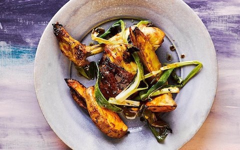 Chicken and sweet potatoes with miso, ginger and spring onions