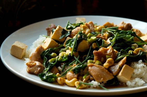 Chicken and tofu stir fry with celery and cashews