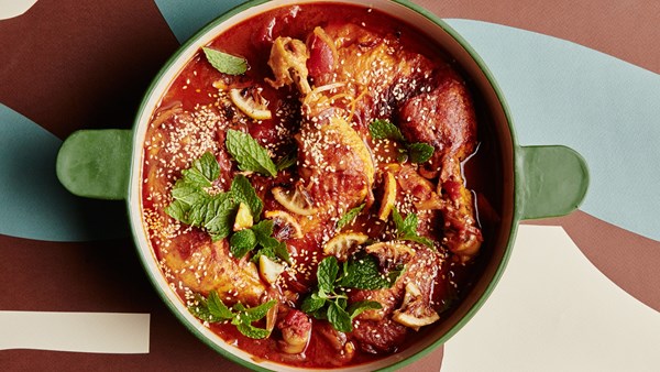 Chicken and tomato stew with caramelized lemon