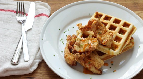 Chicken and waffles with "hot honey"