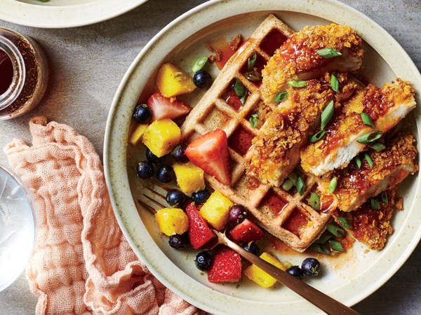 Chicken and waffles with kicky syrup
