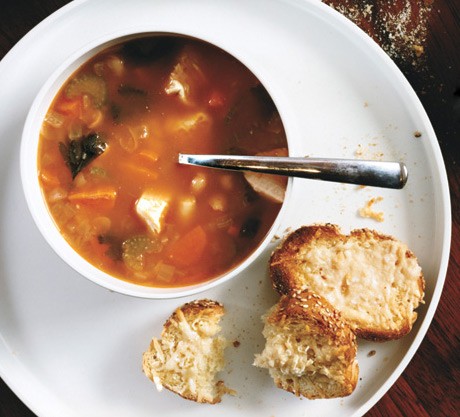 Chicken and white bean soup with herb swirl