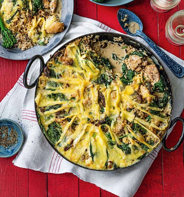 Chicken and wild rice bake with truffled Brie crust