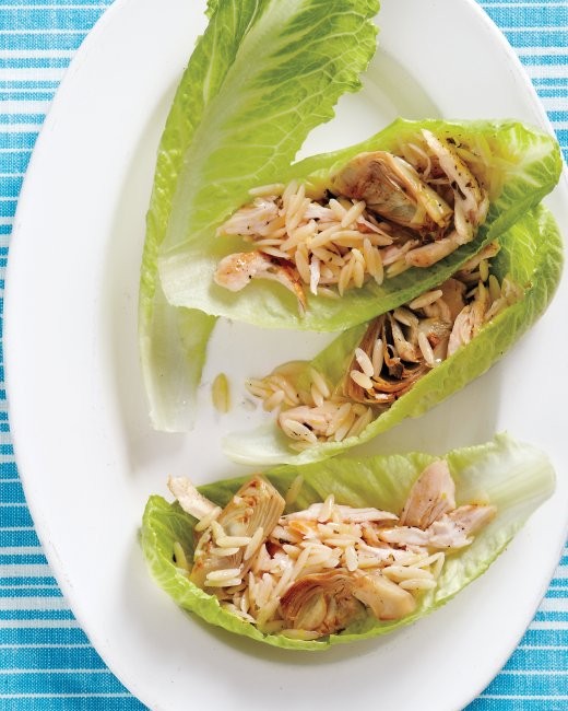 Chicken artichoke, and orzo lettuce cups