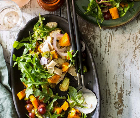 Chicken, arugula & butternut squash salad with Brussels sprouts