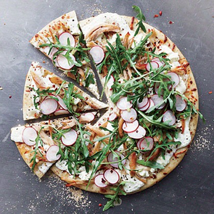 Chicken, arugula, and radish pizza