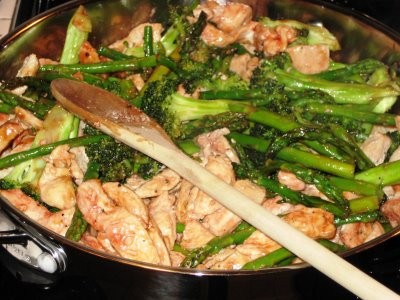 Chicken, asparagus, and broccoli stir fry