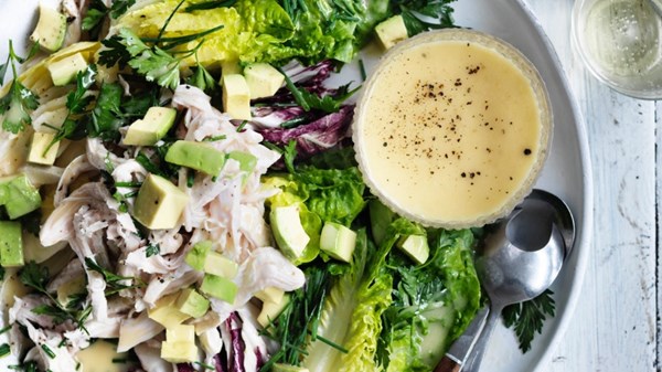 Chicken, avocado and witlof salad with walnut vinaigrette
