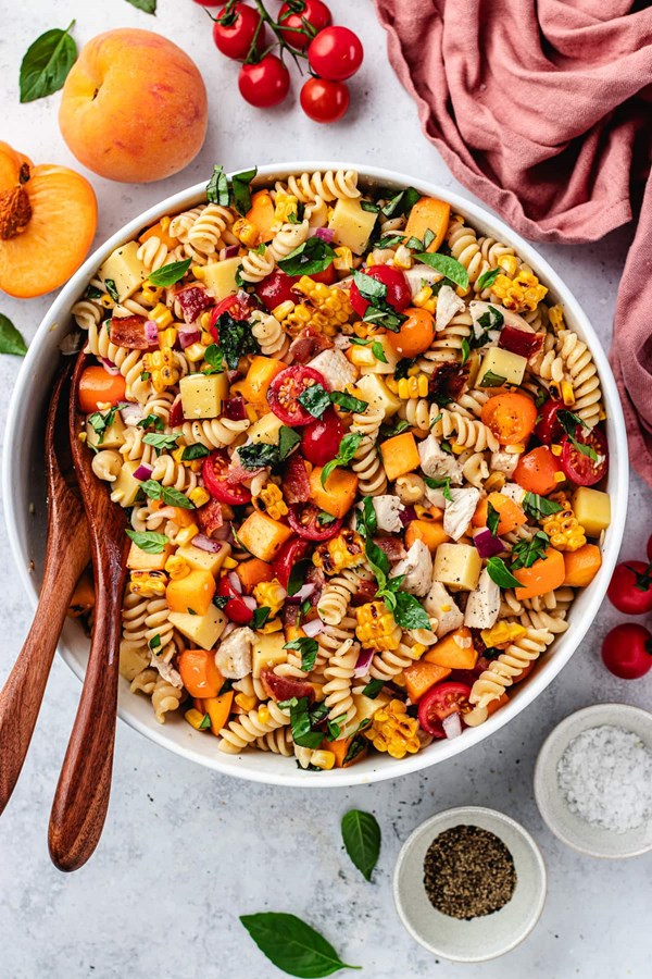 Chicken, bacon, & peach pasta salad with hot honey dressing