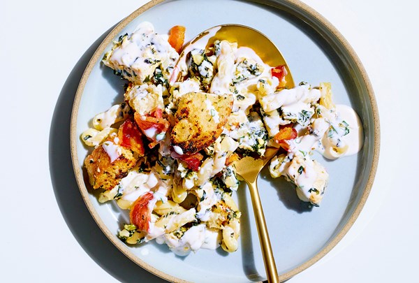 Chicken-bacon-ranch casserole with ranch croutons 
