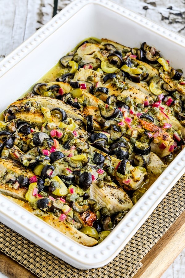 Chicken bake with olive and caper sauce