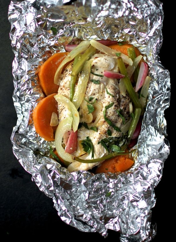 Chicken baked in foil with sweet potato and radish