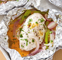 Chicken baked in foil with sweet potato and radishes