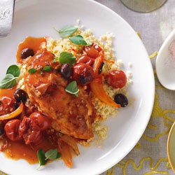 Chicken baked with pancetta and olives
