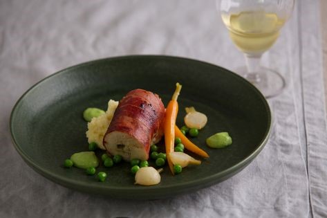 Chicken ballotine with spring vegetables and green pea mousse