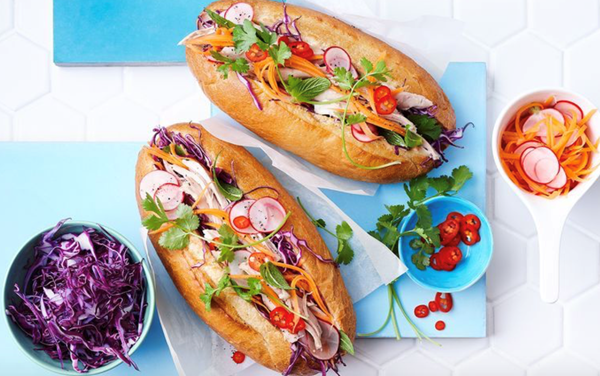 Chicken banh mi with miso mayo and quick pickles