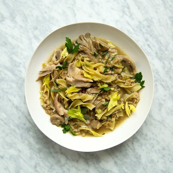 Chicken-barley soup with herbs and egg noodles