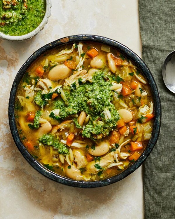 Chicken, bean and orzo soup with walnut pesto 