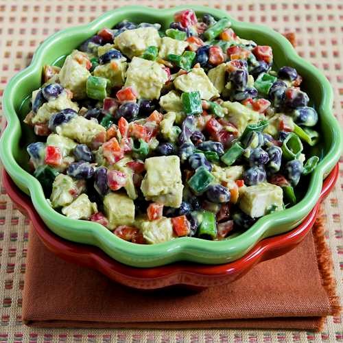 Chicken, black bean, and red pepper salad with spicy avocado dressing