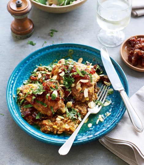 Chicken braised in almond milk with Medjool date salsa