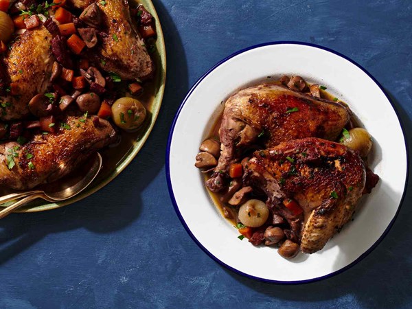 Chicken braised in red wine (Coq au vin)
