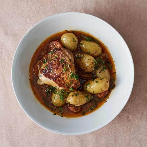 Chicken braised in sherry, with Jersey Royals