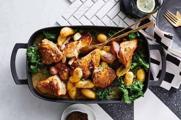 Chicken braised in white wine, bay and mustard