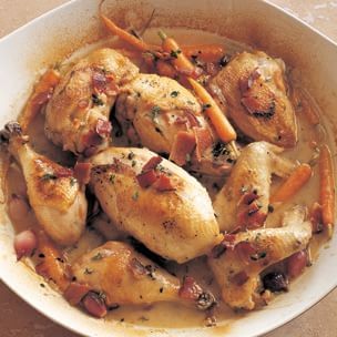 Chicken braised with bacon, onions and Riesling