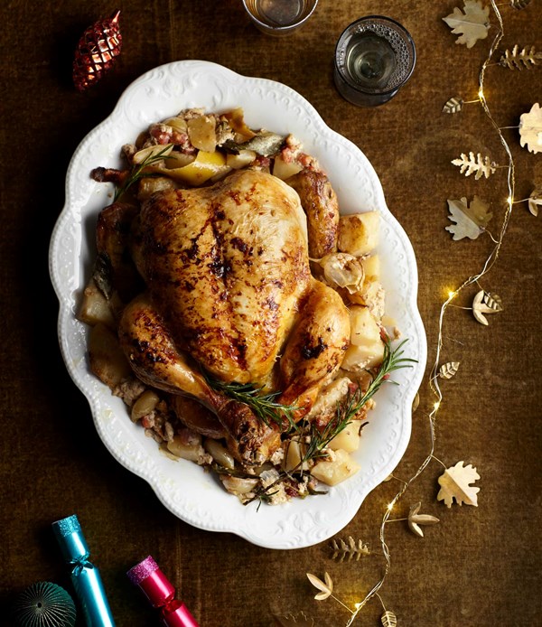 Chicken braised with celeriac, pancetta and sage
