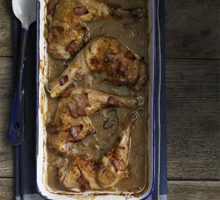 Chicken braised with cider and bacon