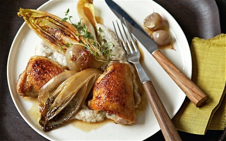 Chicken braised with shallots and chicory on Jerusalem artichoke purée