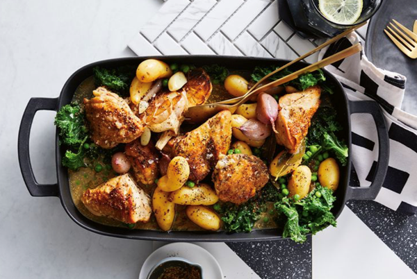 Chicken braised with white wine, bay and mustard
