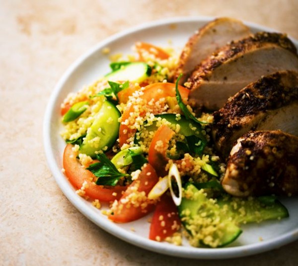 Chicken breast eight ways: harissa-spiked with giant couscous