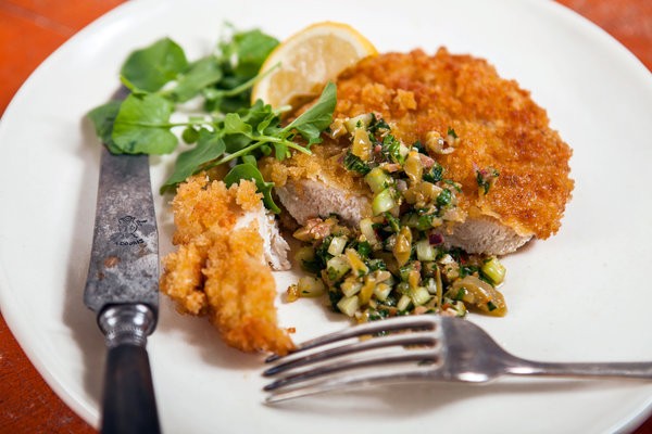 Chicken breast Milanese with green olive-celery relish