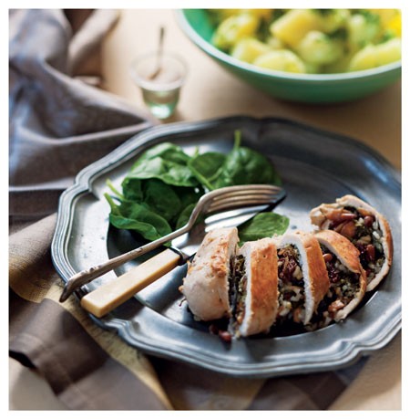 Chicken breast rolls filled with spinach, rice, pine nuts, almonds and raisins (Safeenat djaj ma'hshi)