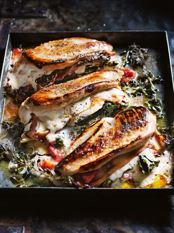 Chicken breasts filled with silverbeet, Stracchino and pancetta