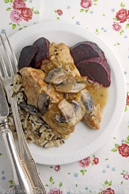 Chicken breasts in a mushroom marsala sauce with roasted beets