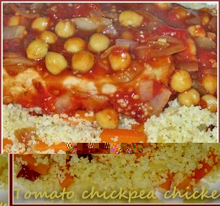 Chicken breasts in a tomato and chickpea sauce on vegetable couscous