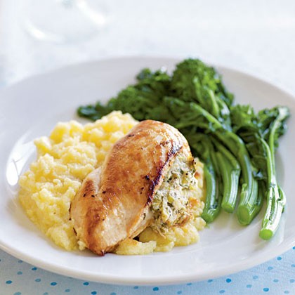 Chicken breasts stuffed with goat cheese, caramelized spring onions, and thyme