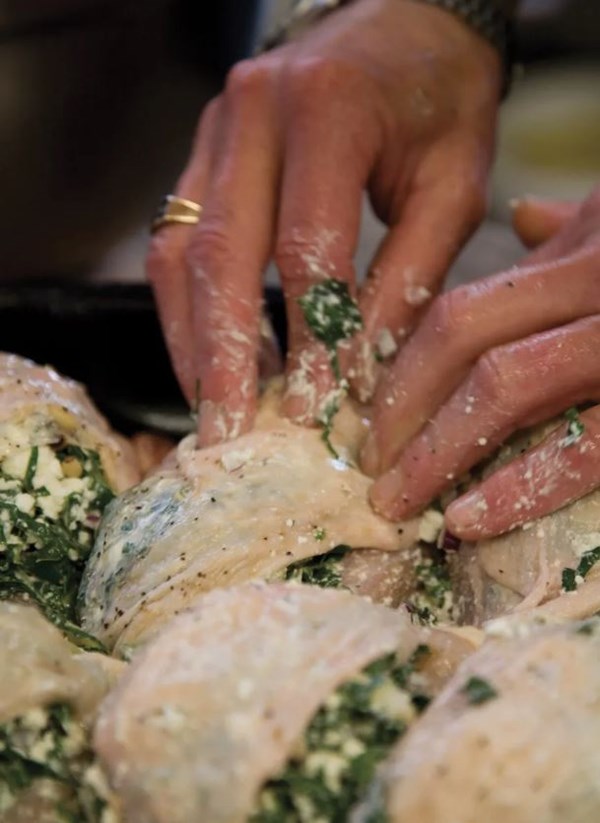 Chicken breasts stuffed with silverbeet, cottage cheese & pine nuts
